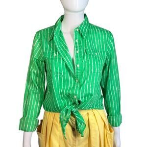 Lauren Ralph Lauren Green White Stripe Front Tie Button Up Shirt Blouse Medium P